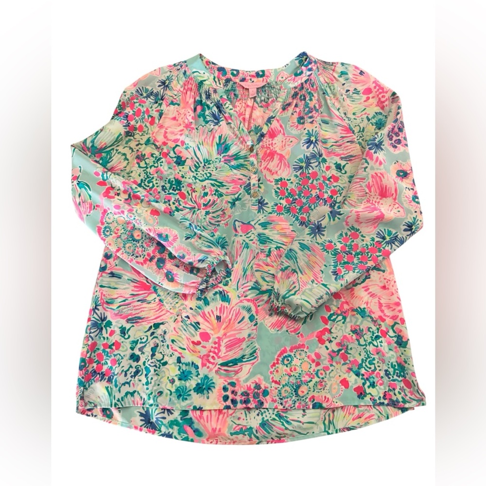 Lilly Pulitzer Silk Elsa Blouse Sz S Pink Turquoise Green Preppy Floral Spring